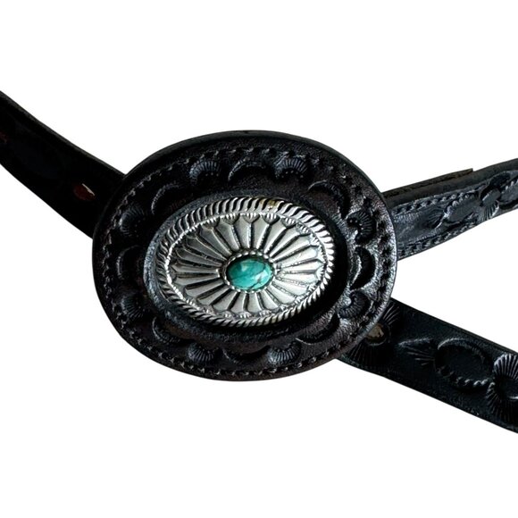 Fred Coen Santa Fe Vintage Tooled black Leather Belt with Sterling Turquoise - Picture 4 of 9